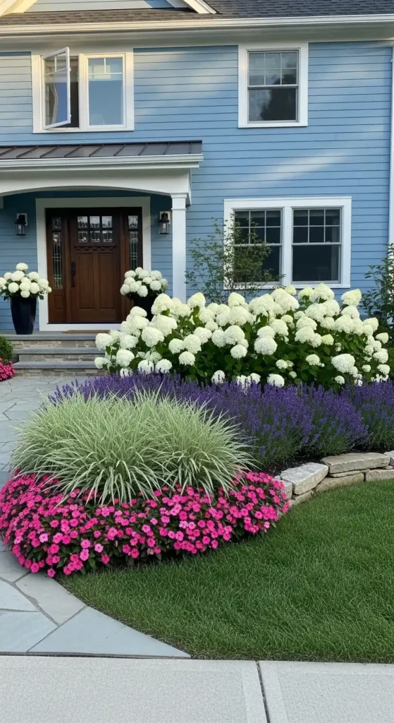 Blue house landscaping ideas with color coordinated plants and flowers