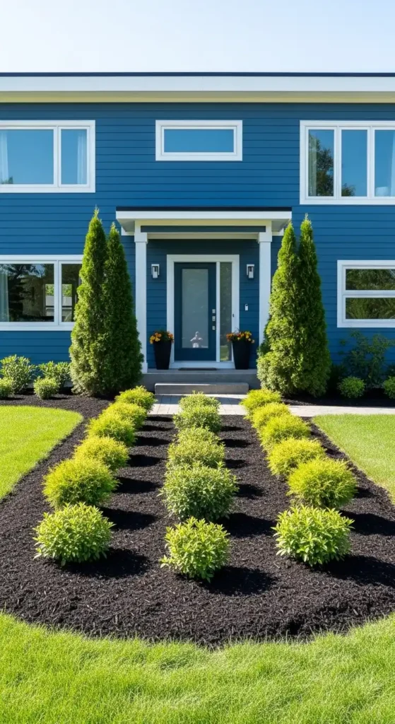 Blue house landscaping ideas with foundation planting and shrubs