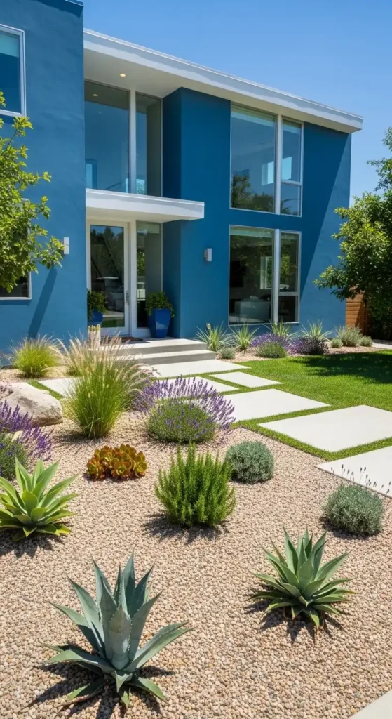 Low maintenance blue house landscaping ideas with gravel and plants