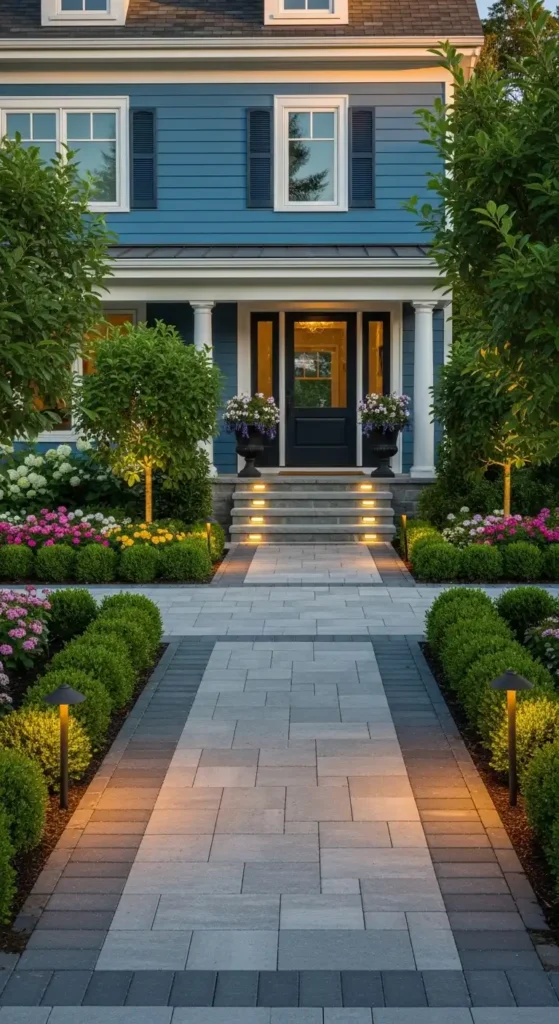 Blue house landscaping ideas with stone walkway and hardscaping