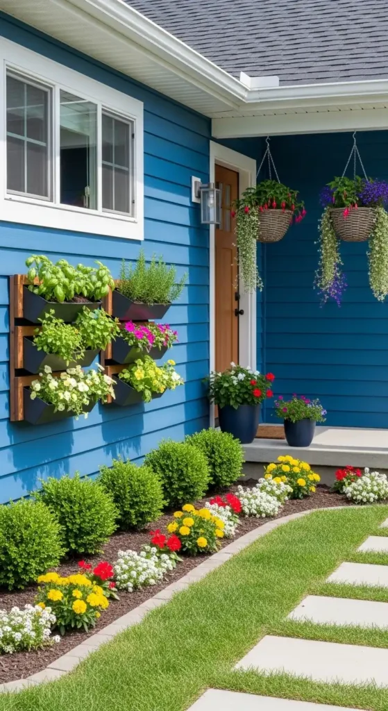 Small front yard blue house landscaping ideas with compact plants