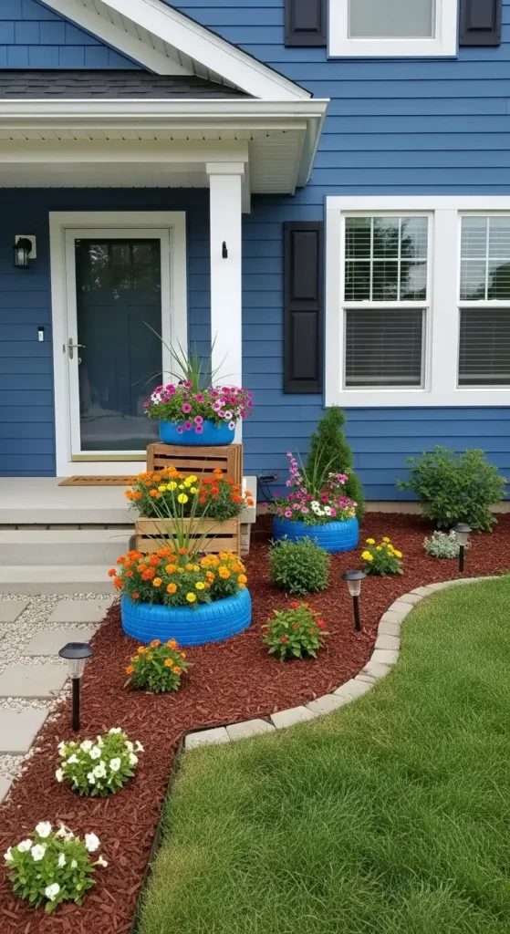 Budget friendly blue house landscaping ideas with simple plants and mulch
