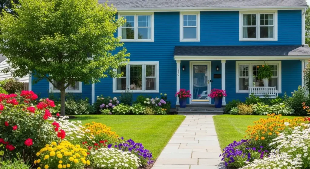 Blue house landscaping ideas with modern front yard design