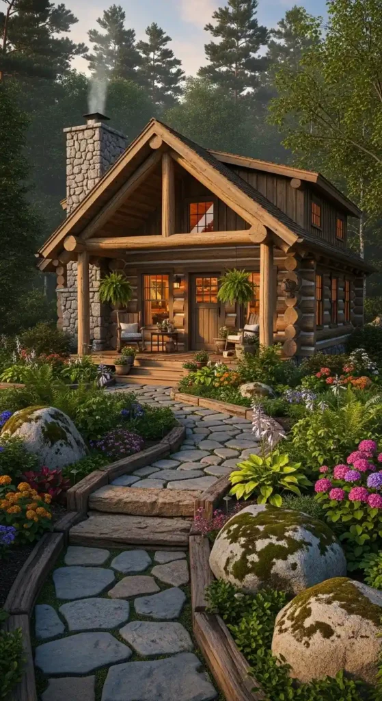 Cabin landscaping ideas with natural stone pathway and rustic garden