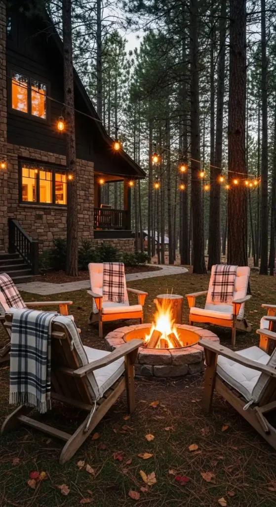 Cabin landscaping ideas with cozy fire pit seating area