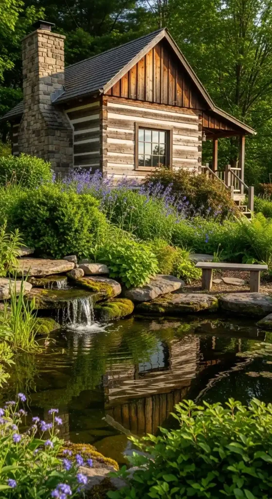 Cabin landscaping ideas with pond and water feature
