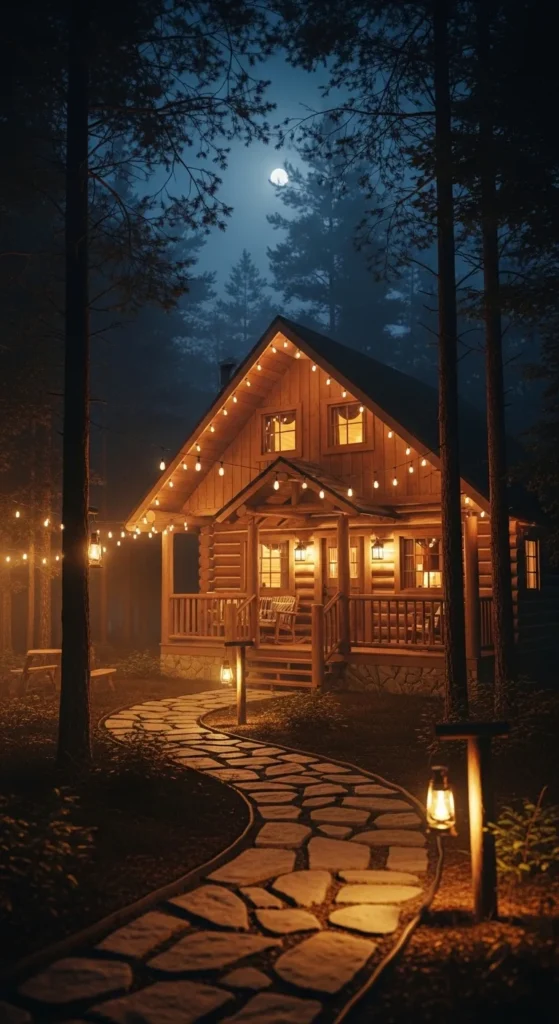 Cabin landscaping ideas with outdoor lighting and cozy ambiance