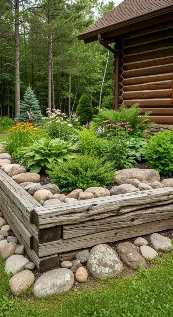 Cabin landscaping ideas with rustic garden edging and borders