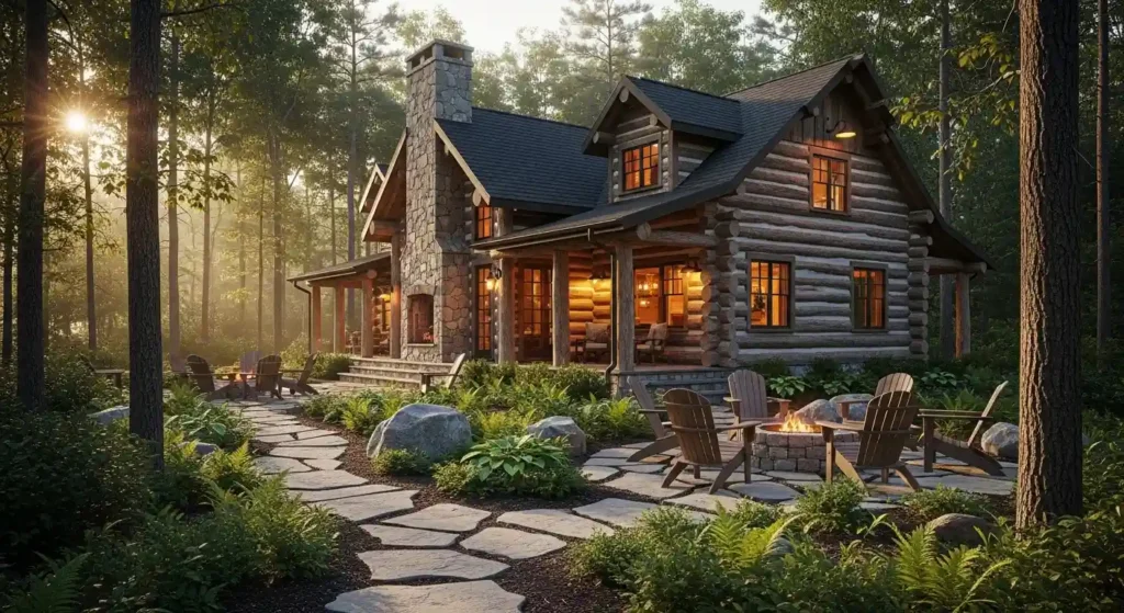 Cabin landscaping ideas with cozy log cabin, stone pathway, and outdoor living space