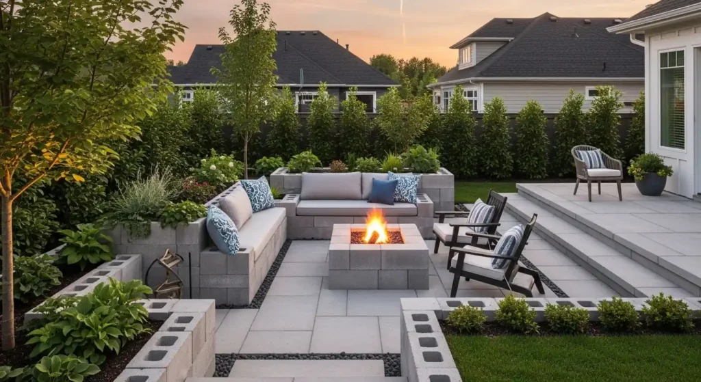 concrete blocks ideas landscaping modern backyard transformation with garden seating and fire pit