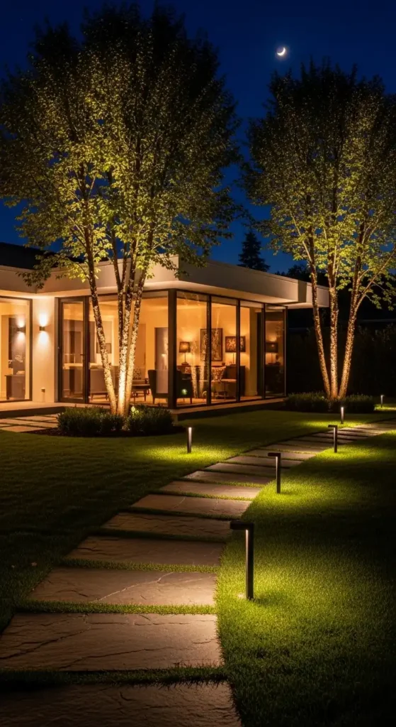 corner house landscaping ideas with outdoor lighting