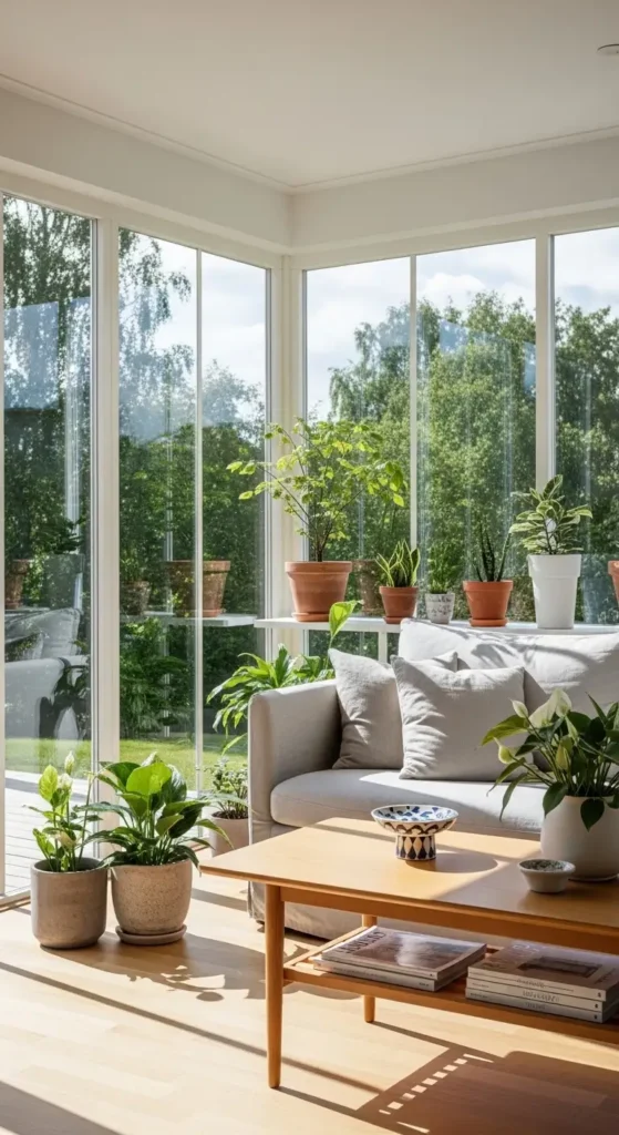 Cozy sunroom furniture ideas in modern minimalist sunroom with natural light and neutral decor