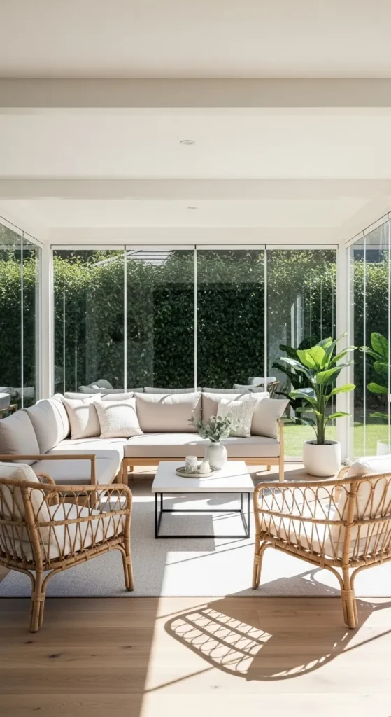 Cozy sunroom furniture ideas showing smart seating layout with natural light and open space design