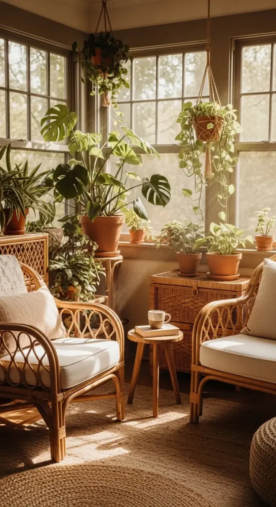 Cozy sunroom furniture ideas featuring rattan chairs, wicker decor, and natural textures