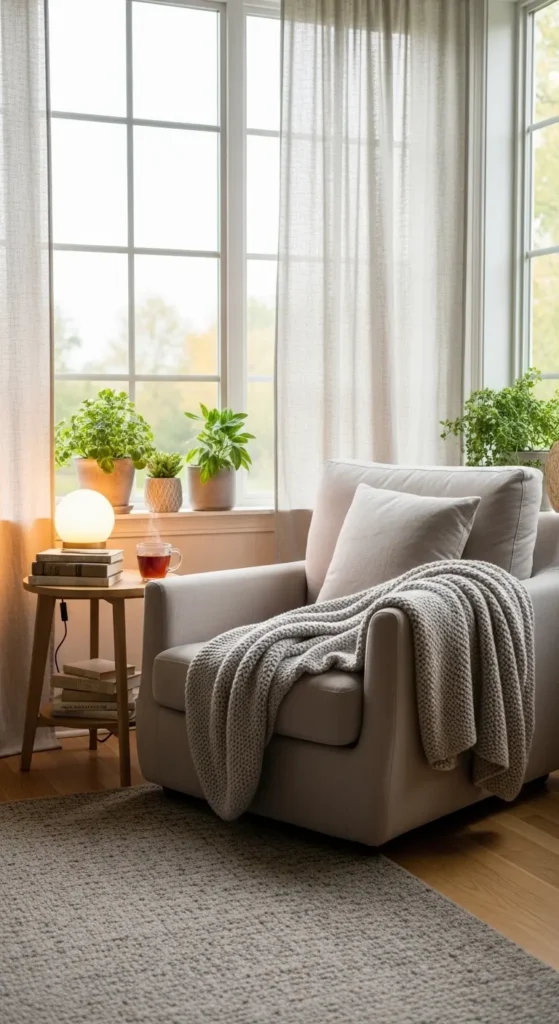 Cozy sunroom furniture ideas featuring reading nook with armchair and soft lighting