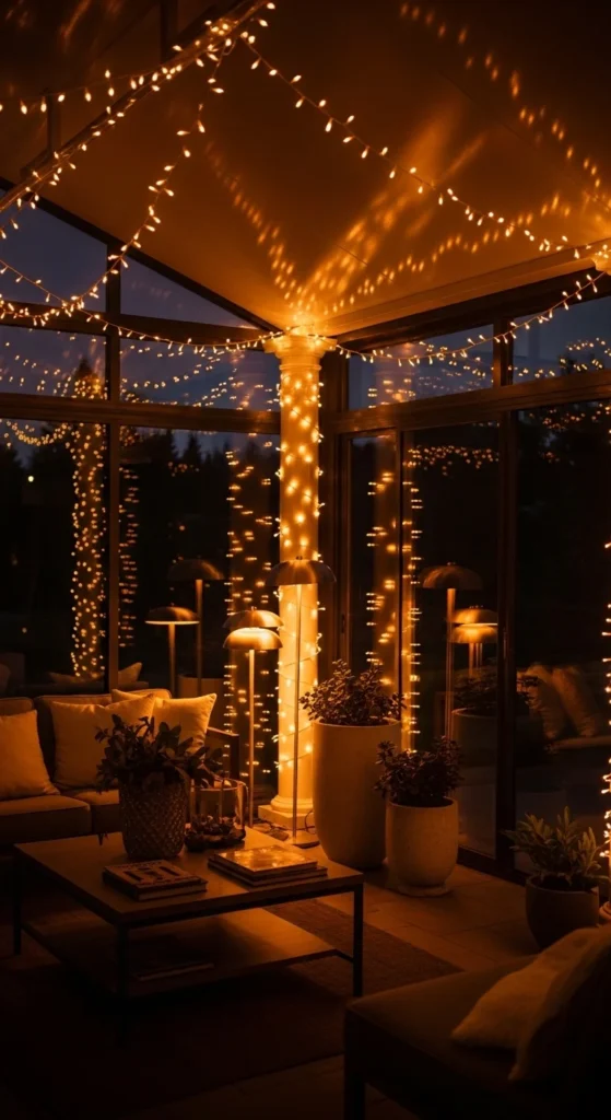 Cozy sunroom furniture ideas with warm lighting and soft ambient glow