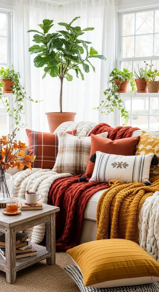 Cozy sunroom furniture ideas with seasonal decor styling and warm textures