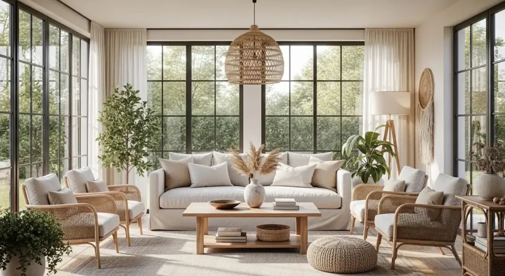 Cozy sunroom furniture ideas featuring modern glass sunroom with linen sofa, rattan chairs, and natural light decor