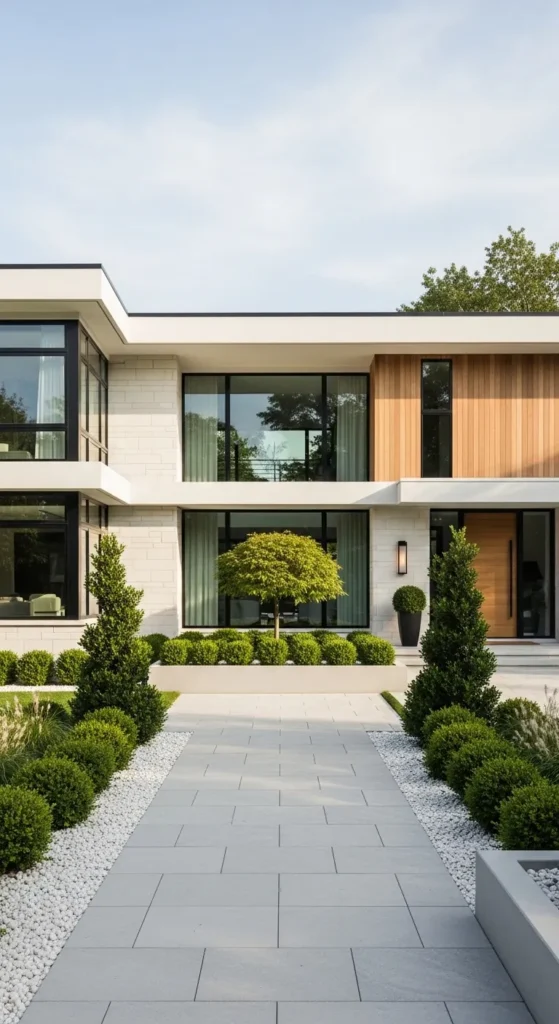 Modern curb landscaping ideas with clean front yard design and stone pathway
