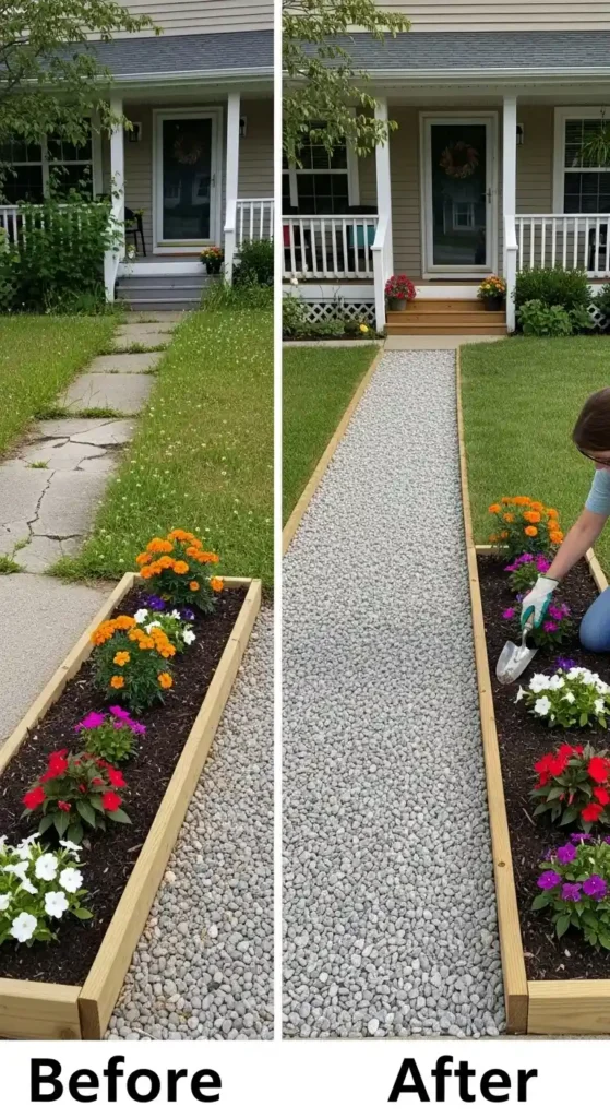 DIY curb landscaping ideas on a budget with flower beds and gravel walkway