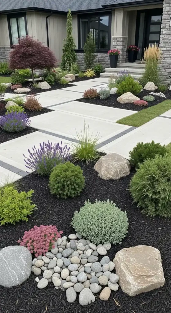 Low maintenance curb landscaping ideas with drought tolerant plants and mulch garden