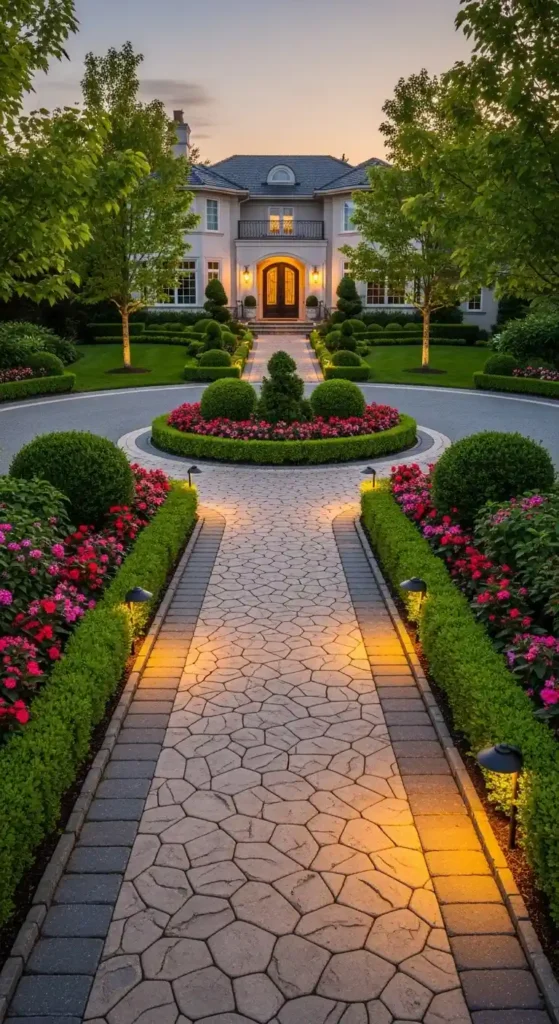 Curb landscaping ideas with driveway and walkway stone design and lighting