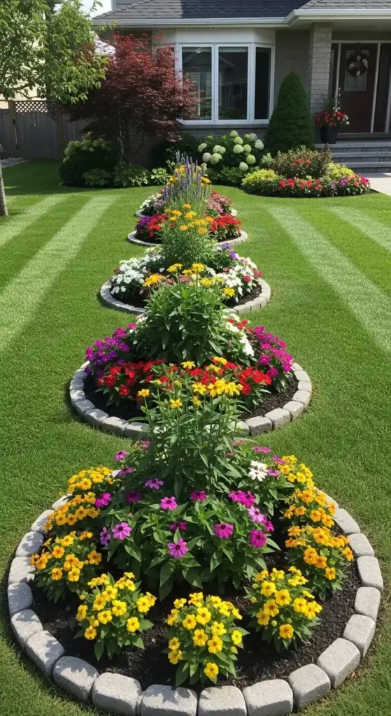 Curb landscaping ideas with flower beds and stone edging front yard design