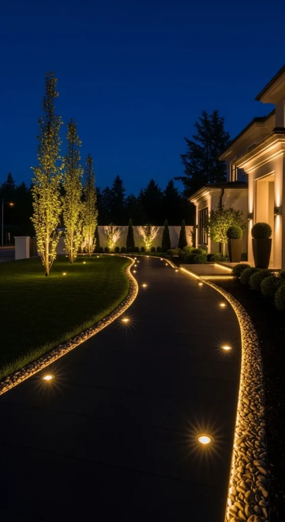 Curb landscaping ideas with outdoor lighting and illuminated front yard design