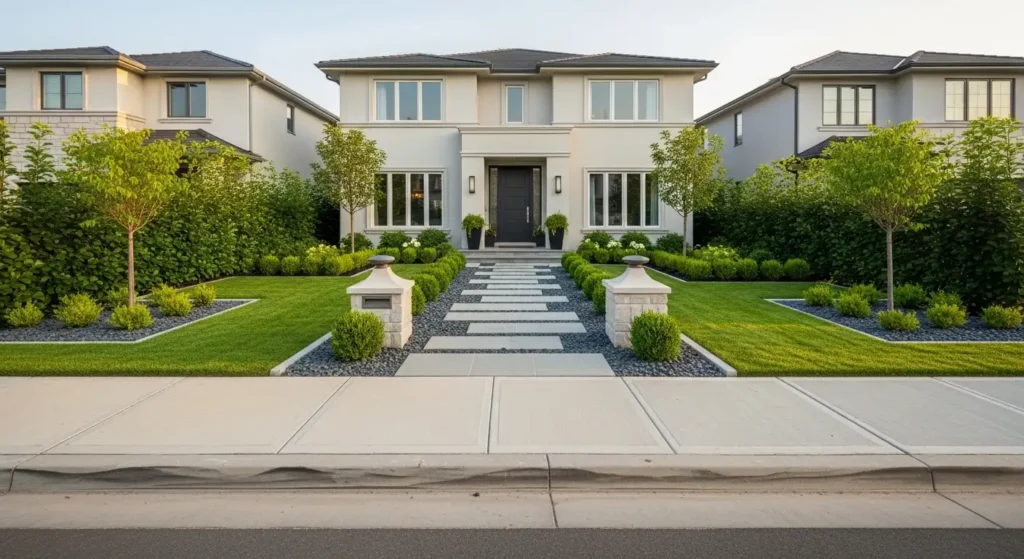 Curb landscaping ideas modern front yard with stone pathway, greenery, and elegant curb appeal design
