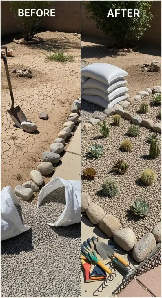 desert landscaping ideas budget DIY gravel and succulents garden