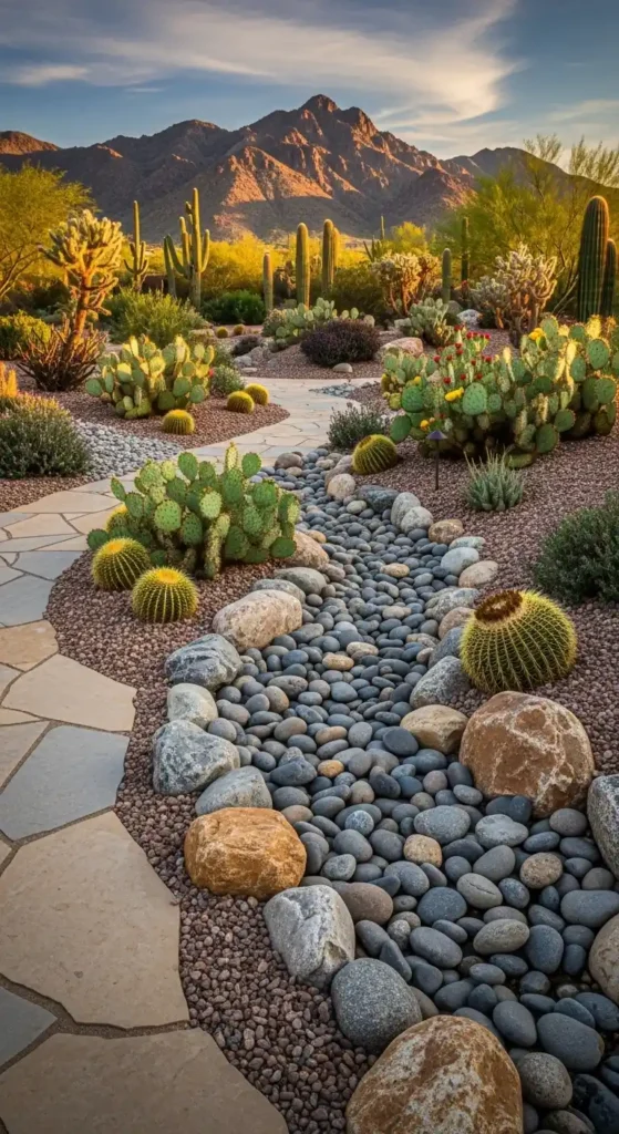 desert landscaping ideas rock garden with gravel and stone pathway