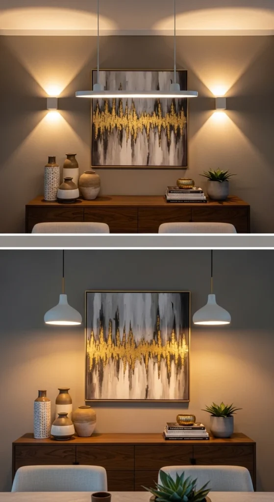 dining room buffet decor ideas with statement lighting