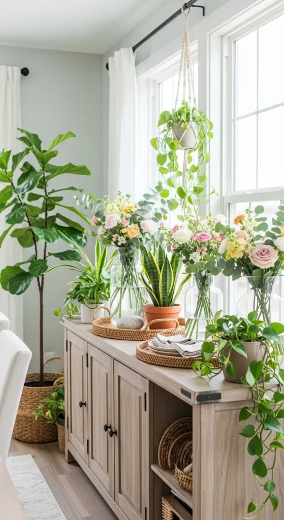 dining room buffet decor ideas with greenery and plants