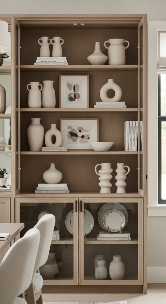 Dining room cabinet decor with layered styling using vases, books, and decorative accessories
