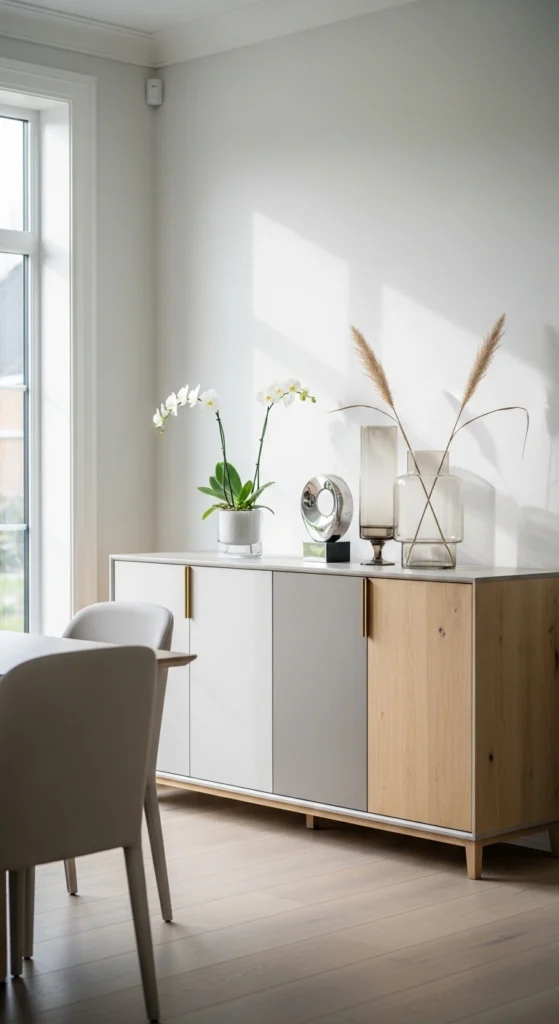 Modern dining room cabinet decor with minimal styling and neutral tones