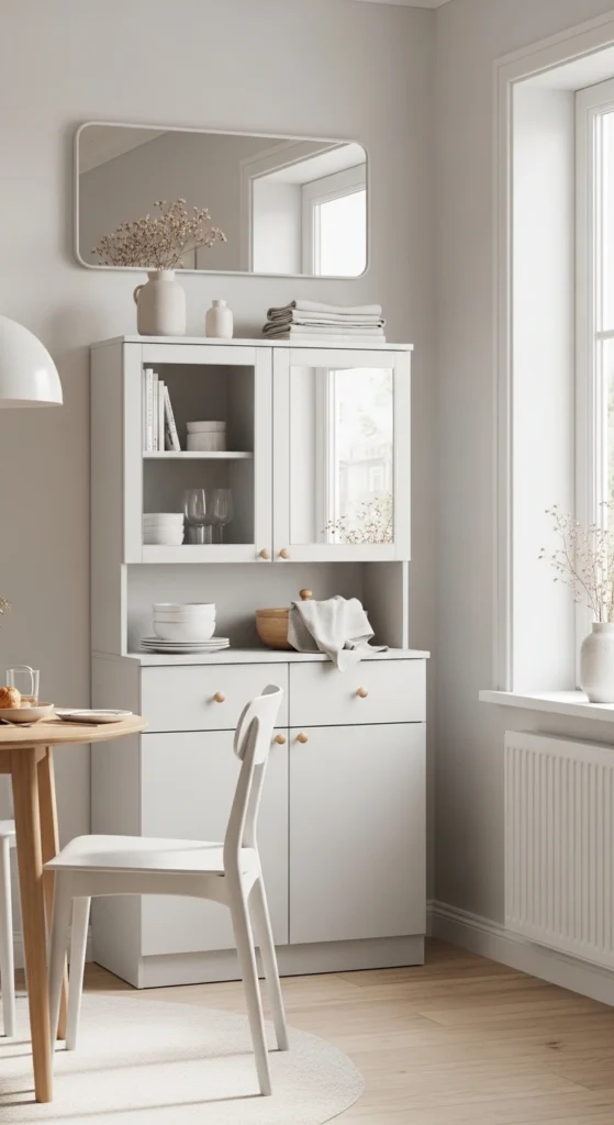 Dining room cabinet decor for small spaces with light colors and smart storage