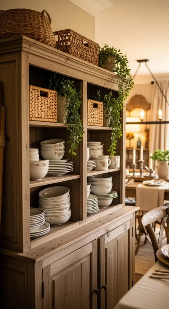 Farmhouse dining room cabinet decor with rustic wood and vintage accessories