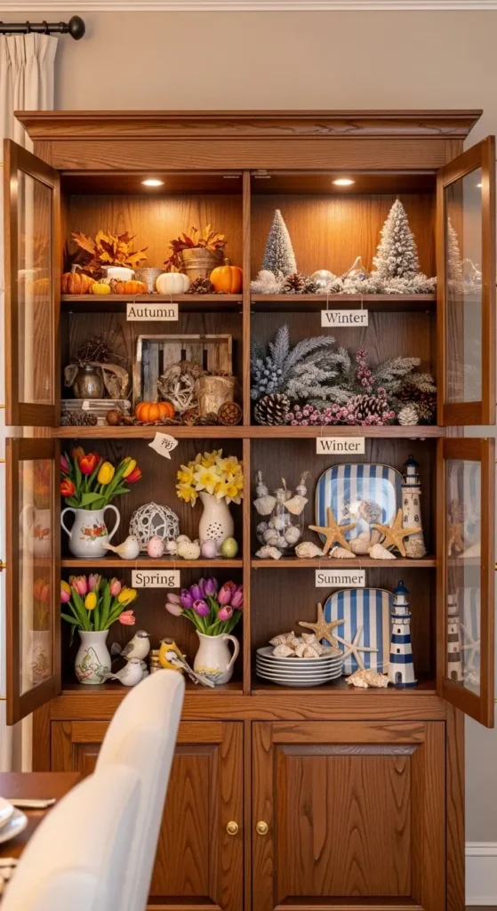 Dining room cabinet decor styled with seasonal accents and decorations