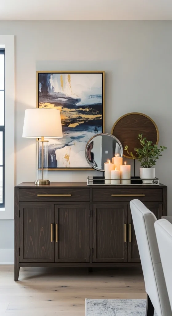 Dining room cabinet decor styled as a buffet with elegant accessories