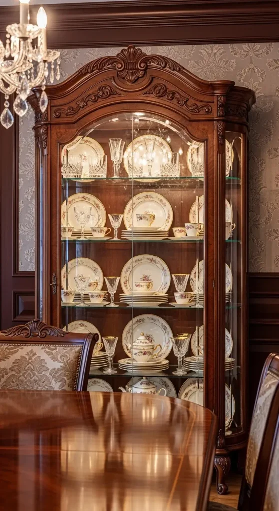 Dining room cabinet decor with organized china cabinet display