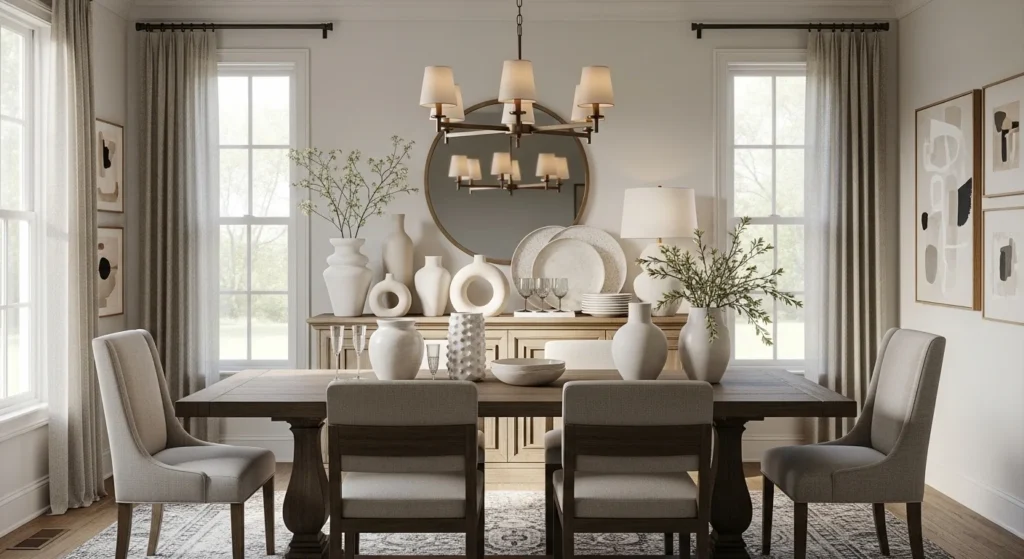 Dining room cabinet decor styled with modern accessories, layered textures, and elegant home styling