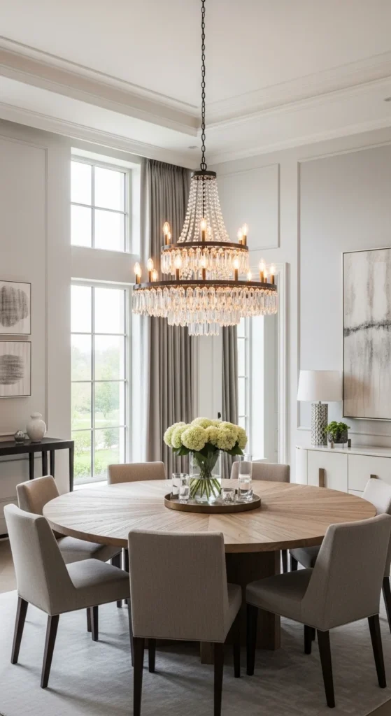 dining room lighting ideas over round table with crystal chandelier