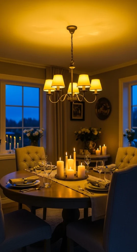 dining room lighting ideas over round table warm lighting