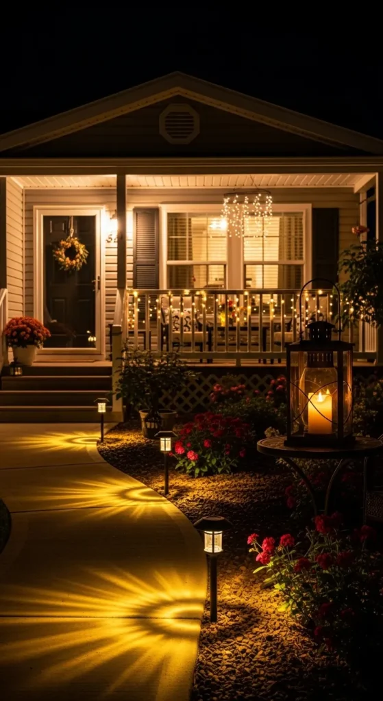 Double wide landscaping ideas outdoor lighting with pathway lights and cozy porch glow