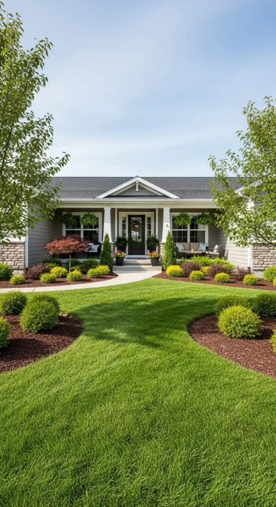 Double wide landscaping ideas showing curb appeal front yard with symmetrical garden design