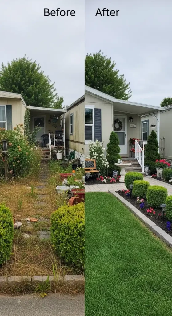 Double wide landscaping ideas before and after yard transformation showing mistakes and improvements