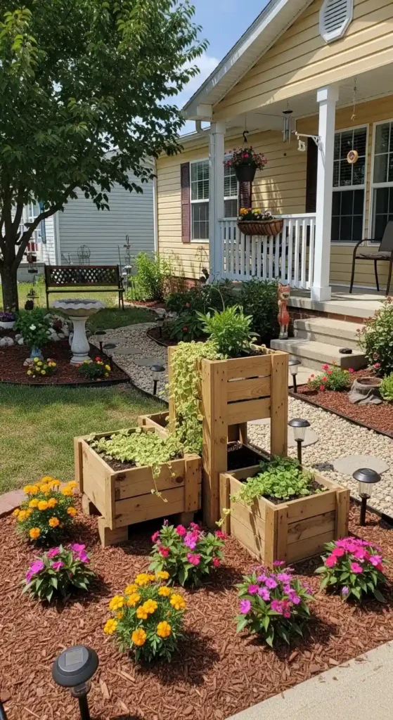 Double wide landscaping ideas budget friendly DIY front yard makeover with mulch and solar lights