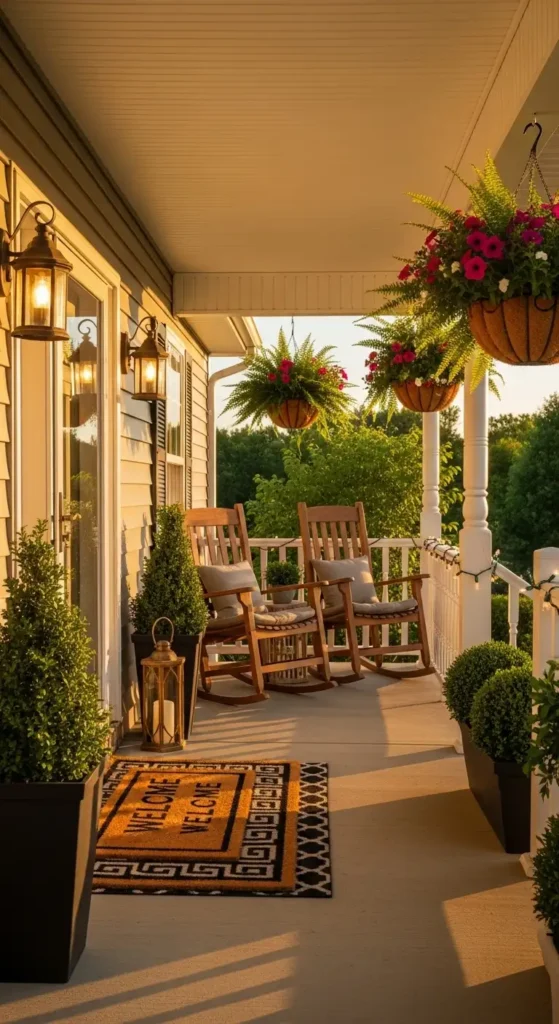 Double wide landscaping ideas porch styling with flowers seating and cozy entrance decor