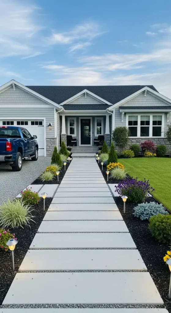 Double wide landscaping ideas stone pathway and gravel driveway with modern curb appeal