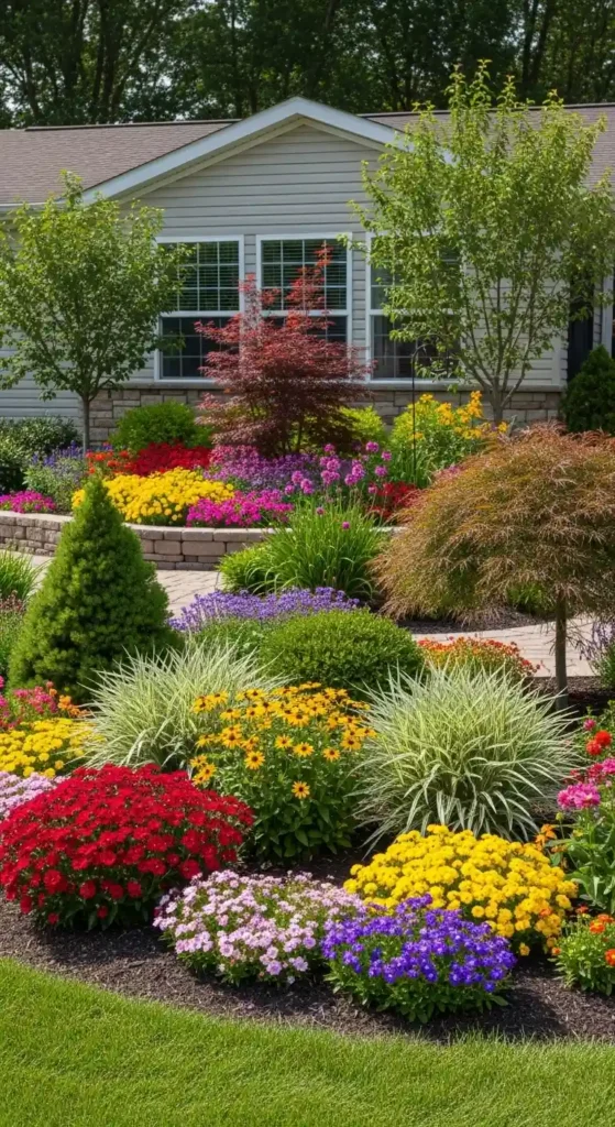 Double wide landscaping ideas layered flower beds with shrubs trees and seasonal plants